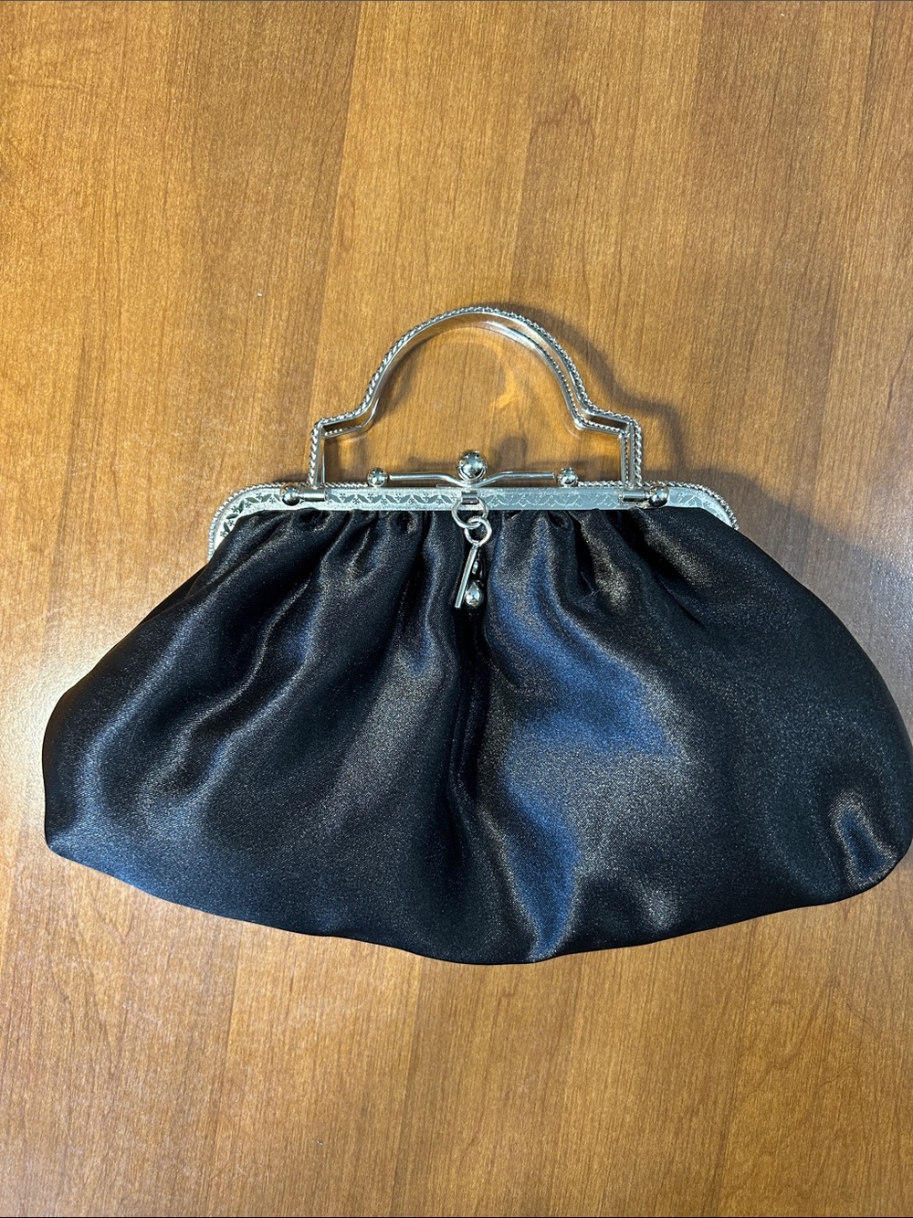 Black Satin Evening Clutch with Silver Frame
